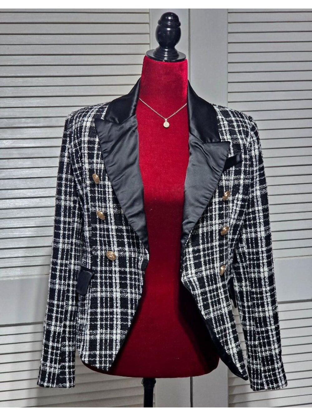 Rachel Parcell Women's Plaid Tweed Double Breasted Satin Lapel Blazer Sz 4 3151 - Picture 7 of 16